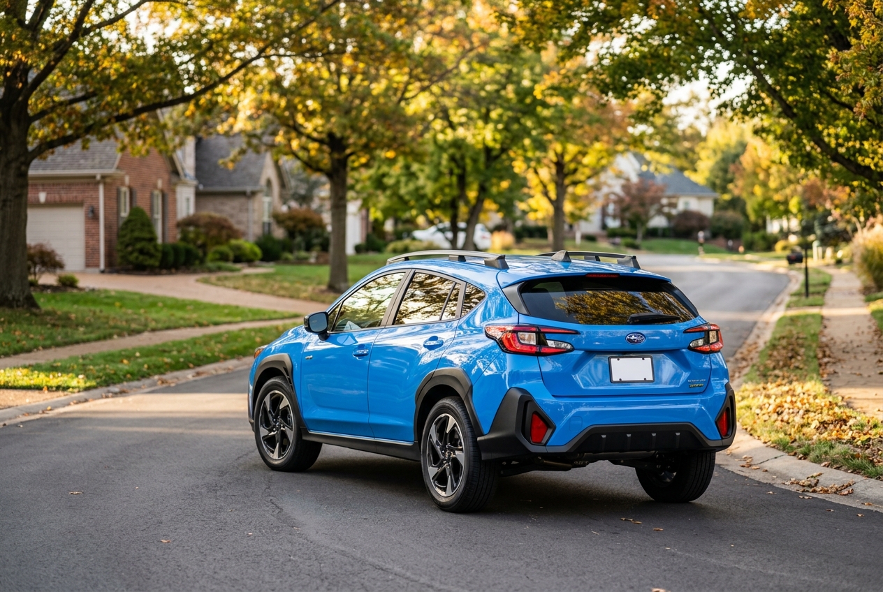 Rear view of a bright blue Subaru Crosstrek crossover parked on a quiet suburban neighborhood street. (Representative image for illustration purposes only. Actual vehicle may vary based on trim and configuration.)