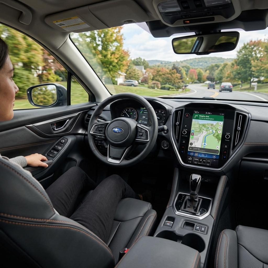 Interior view of a driver inside a modern Subaru car with a large touchscreen navigation display on a suburban road. (Representative image for illustration purposes only. Actual vehicle may vary based on trim and configuration.)