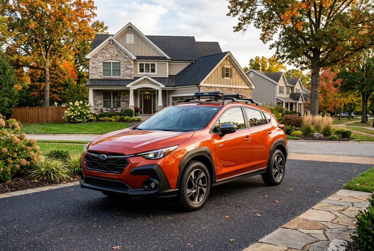 An orange Subaru Crosstrek with a roof rack parked on a driveway in front of a modern suburban home in autumn. (Representative image for illustration purposes only. Actual vehicle may vary based on trim and configuration.)