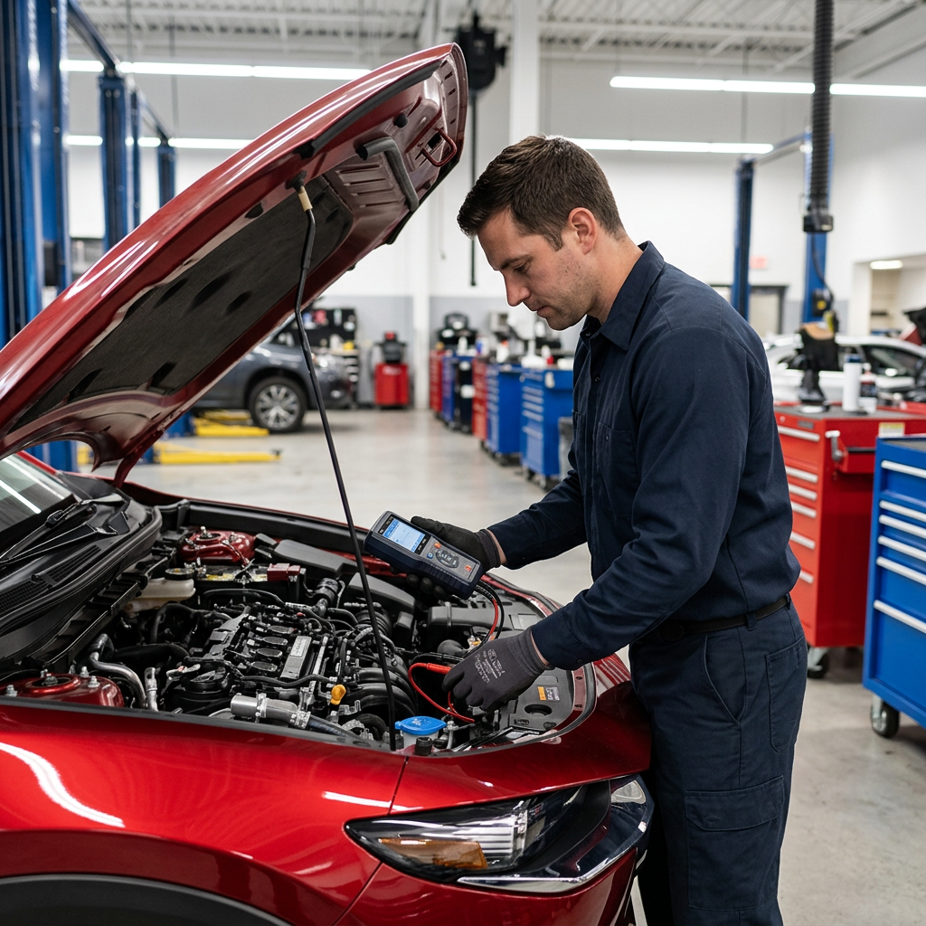 Auto mechanic using a handheld digital diagnostic tool to test the engine of a red car in a garage service bay. (Representative image for illustration purposes only. Actual vehicle may vary based on trim and configuration.)