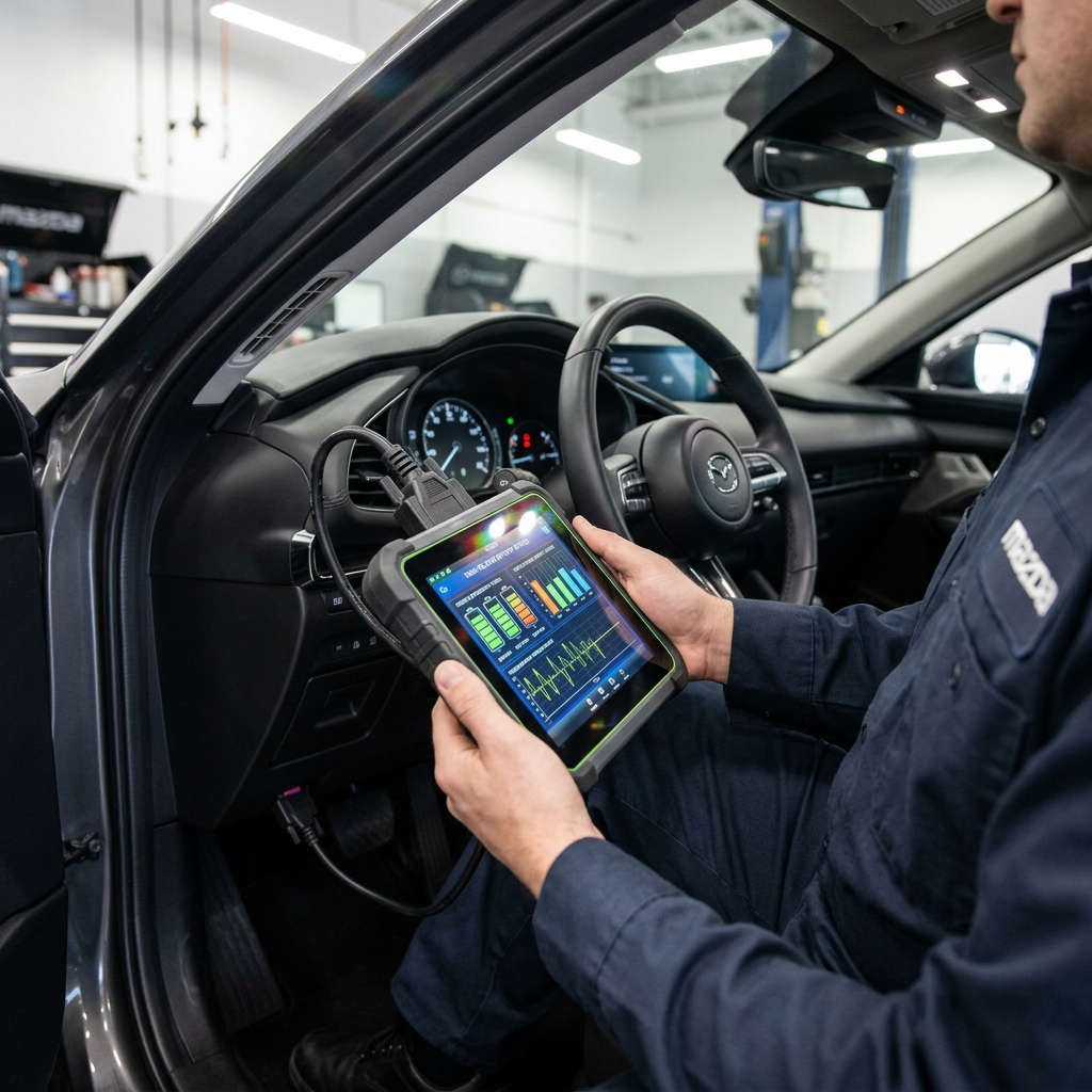 Automotive technician holding a diagnostic tablet connected to a Mazda vehicle inside a service center. (Representative image for illustration purposes only. Actual vehicle may vary based on trim and configuration.)