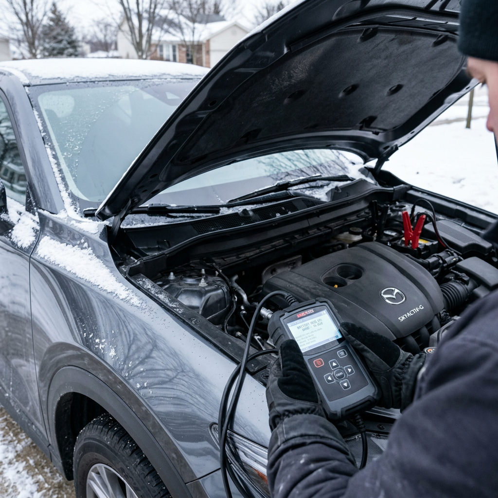 A person in gloves uses a digital diagnostic device to test a car battery under an open hood in snowy weather. (Representative image for illustration purposes only. Actual vehicle may vary based on trim and configuration.)
