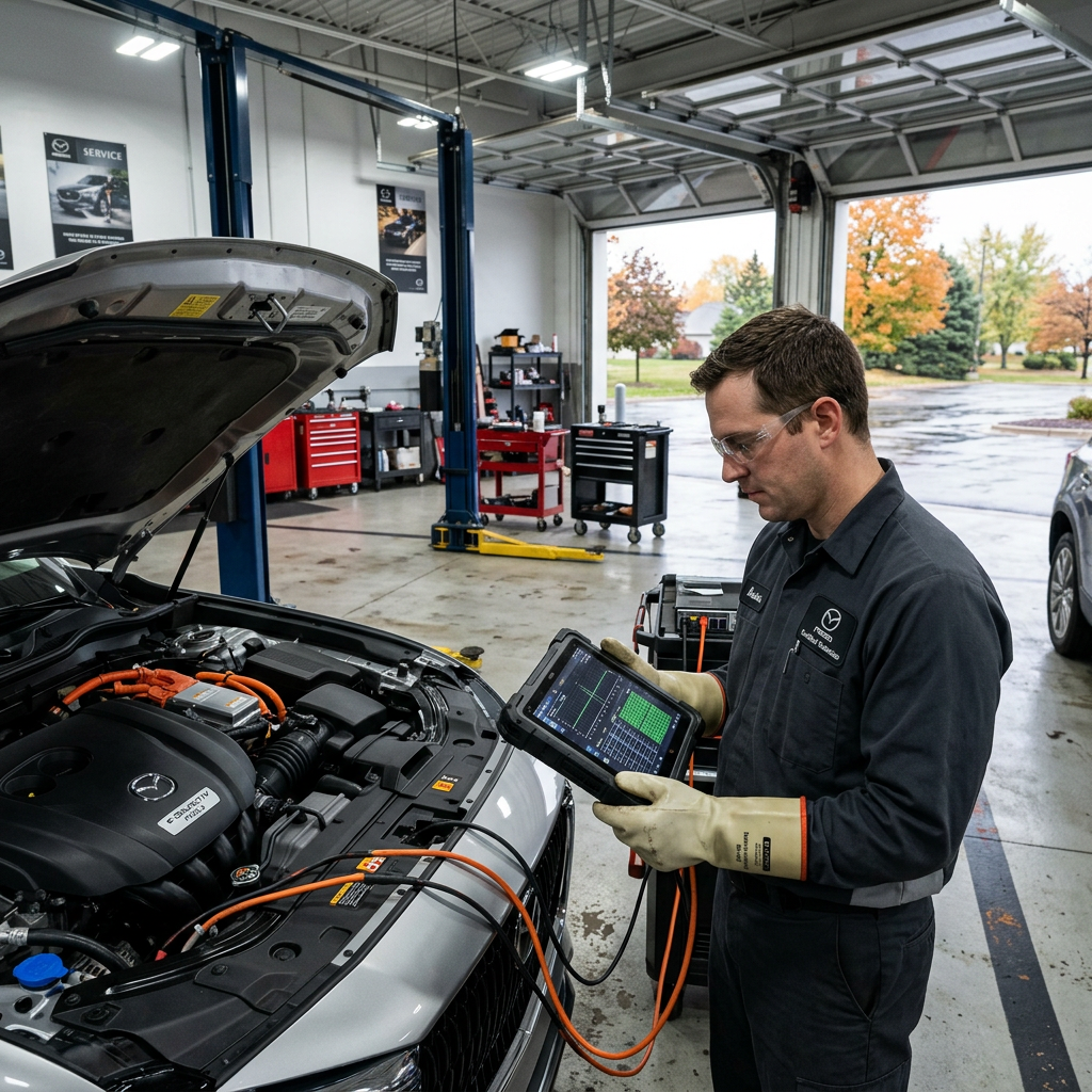 A Mazda technician wearing safety gloves uses a diagnostic tablet while servicing a hybrid vehicle in a repair shop. (Representative image for illustration purposes only. Actual vehicle may vary based on trim and configuration.)