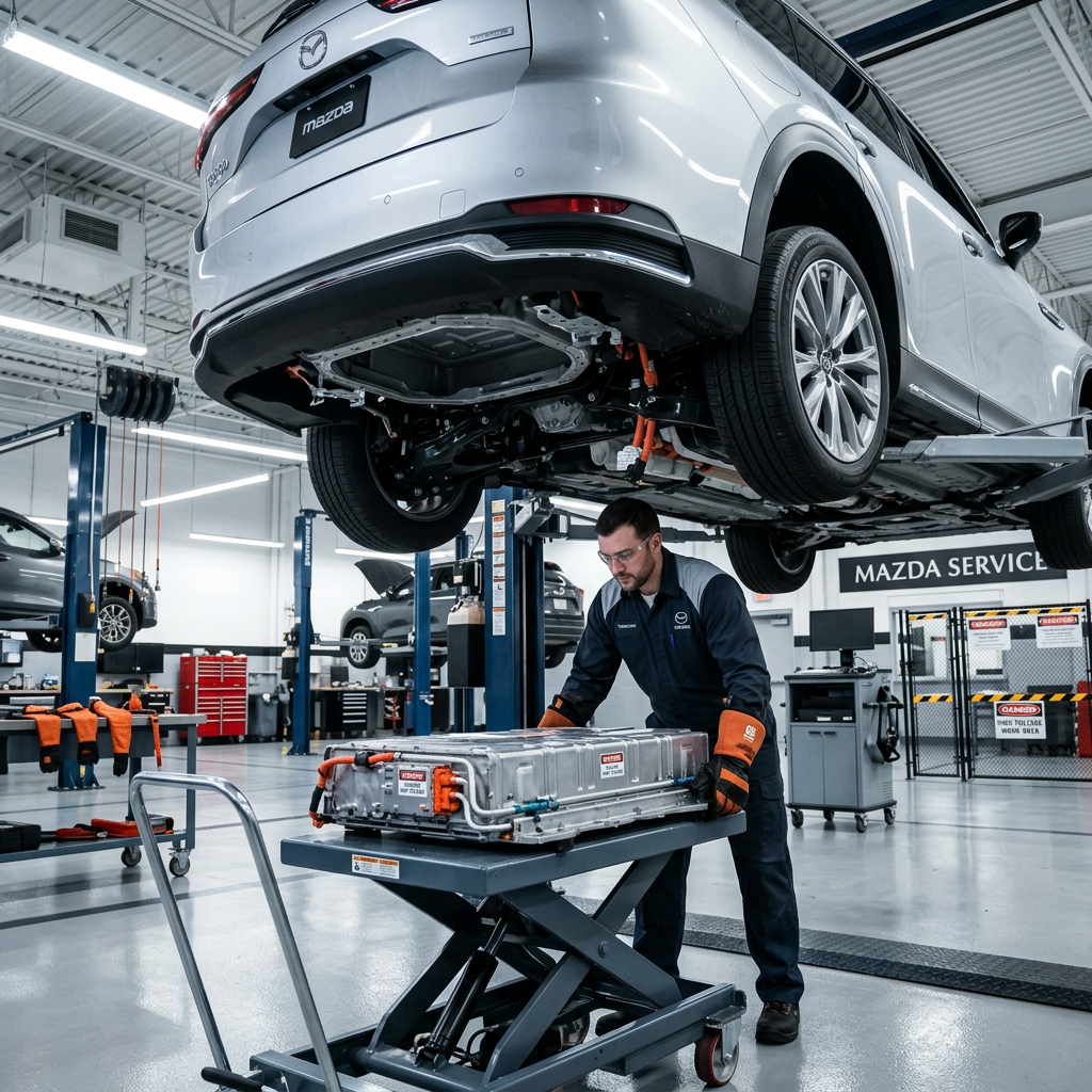A Mazda mechanic wearing safety gloves handles an electric vehicle battery pack under a lifted silver SUV in a service bay. (Representative image for illustration purposes only. Actual vehicle may vary based on trim and configuration.)