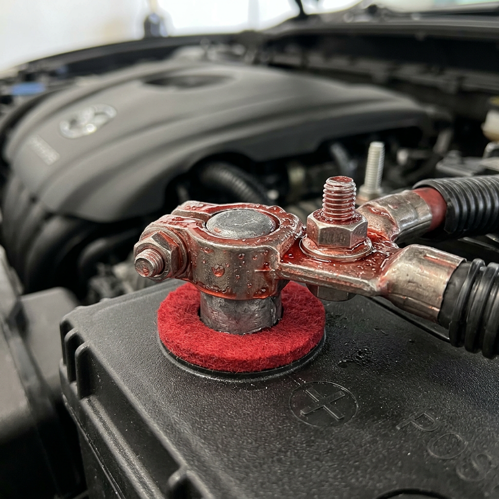 Close-up of a car battery positive terminal treated with red anti-corrosion spray and a felt protective washer. (Representative image for illustration purposes only. Actual vehicle may vary based on trim and configuration.)