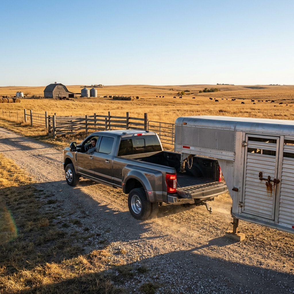 A grey Ford dually truck backing up to a silver gooseneck livestock trailer on a gravel ranch road. (Representative image for illustration purposes only. Actual vehicle may vary based on trim and configuration.)