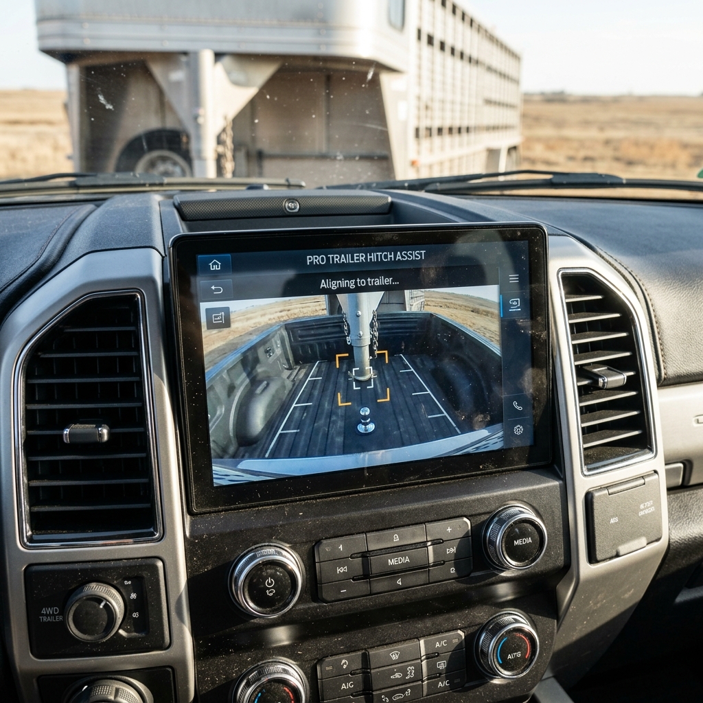 Dashboard touchscreen display in a truck showing Pro Trailer Hitch Assist aligning a gooseneck trailer coupler. (Representative image for illustration purposes only. Actual vehicle may vary based on trim and configuration.)