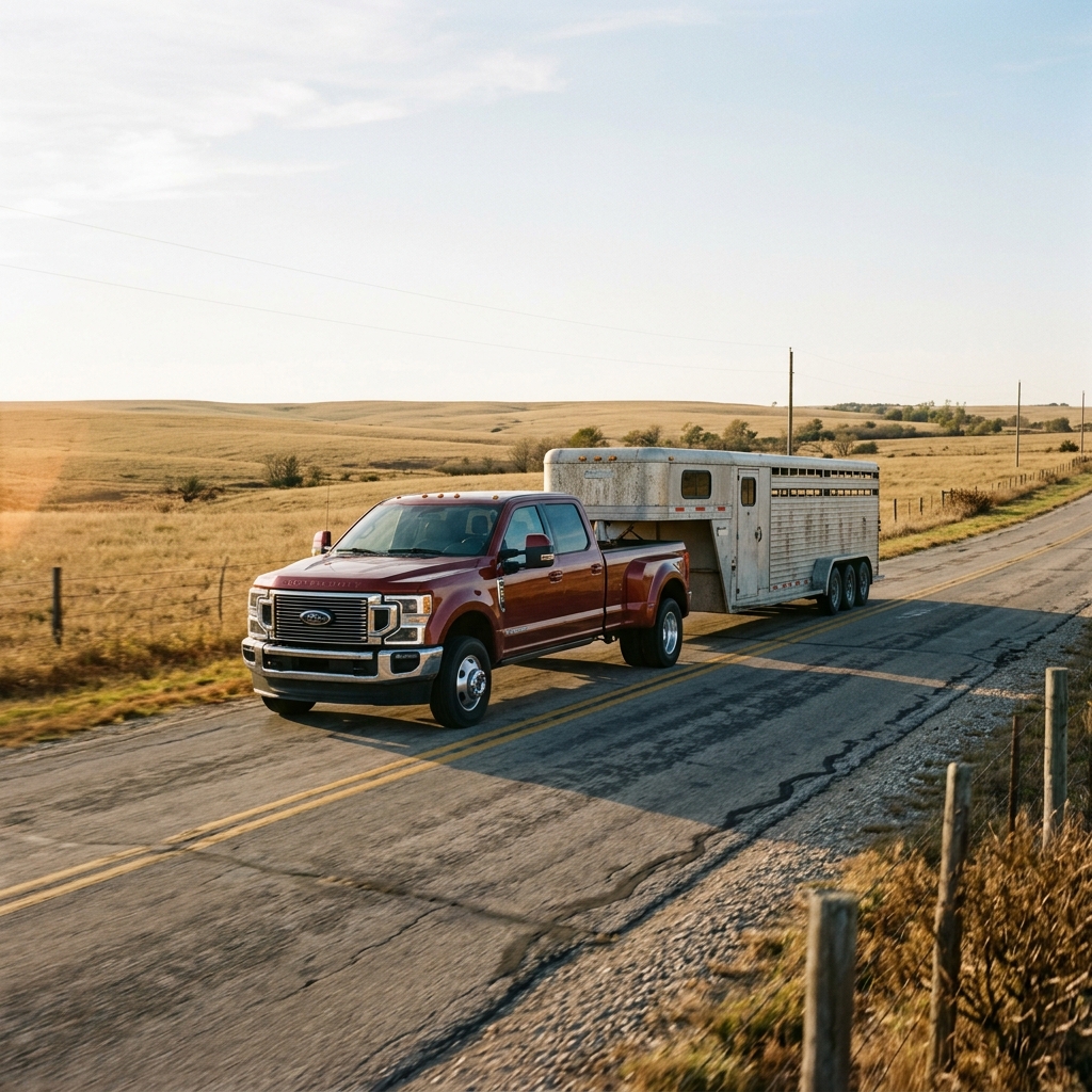 A red Ford dually truck towing a white livestock trailer along a rural country road in late afternoon light. (Representative image for illustration purposes only. Actual vehicle may vary based on trim and configuration.)