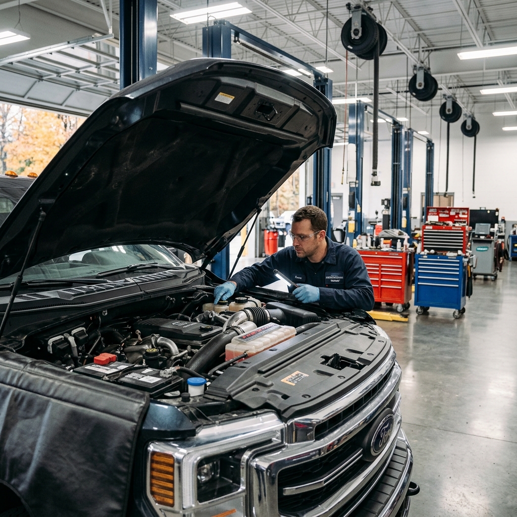 A mechanic wearing safety glasses and gloves uses a work light to inspect the engine bay of a Ford truck. (Representative image for illustration purposes only. Actual vehicle may vary based on trim and configuration.)
