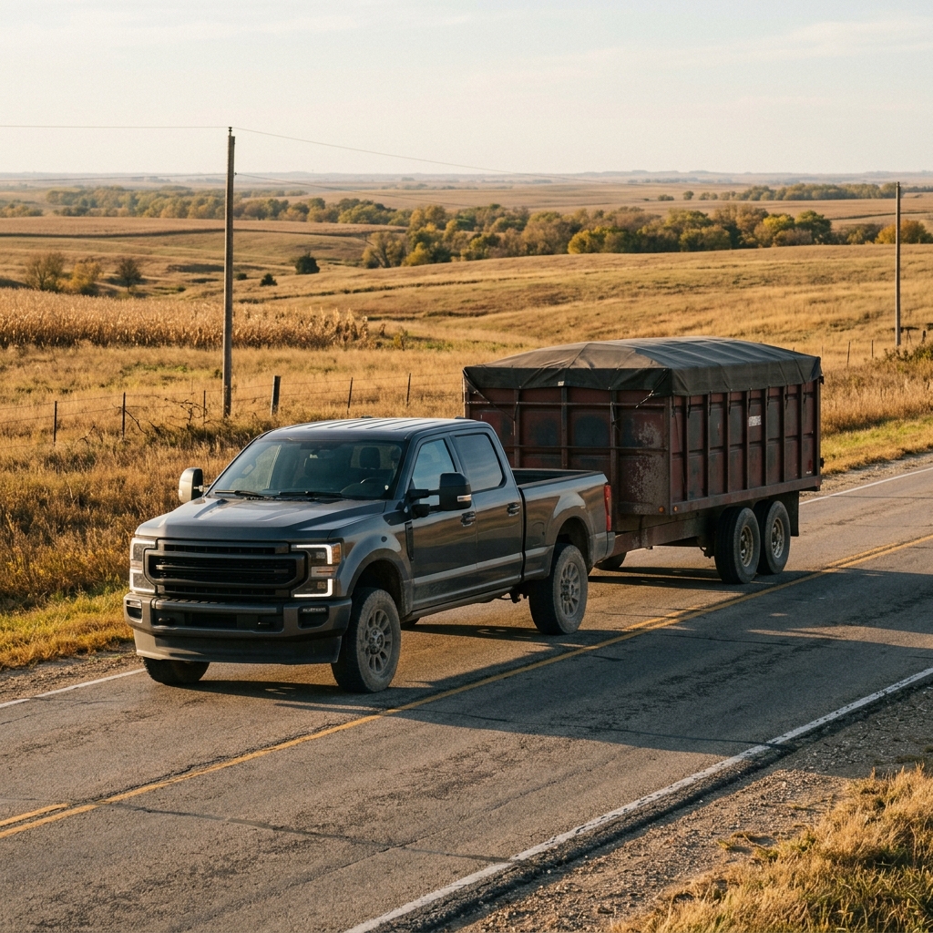 Dark grey heavy-duty pickup truck towing a covered trailer down a paved country road at golden hour. (Representative image for illustration purposes only. Actual vehicle may vary based on trim and configuration.)