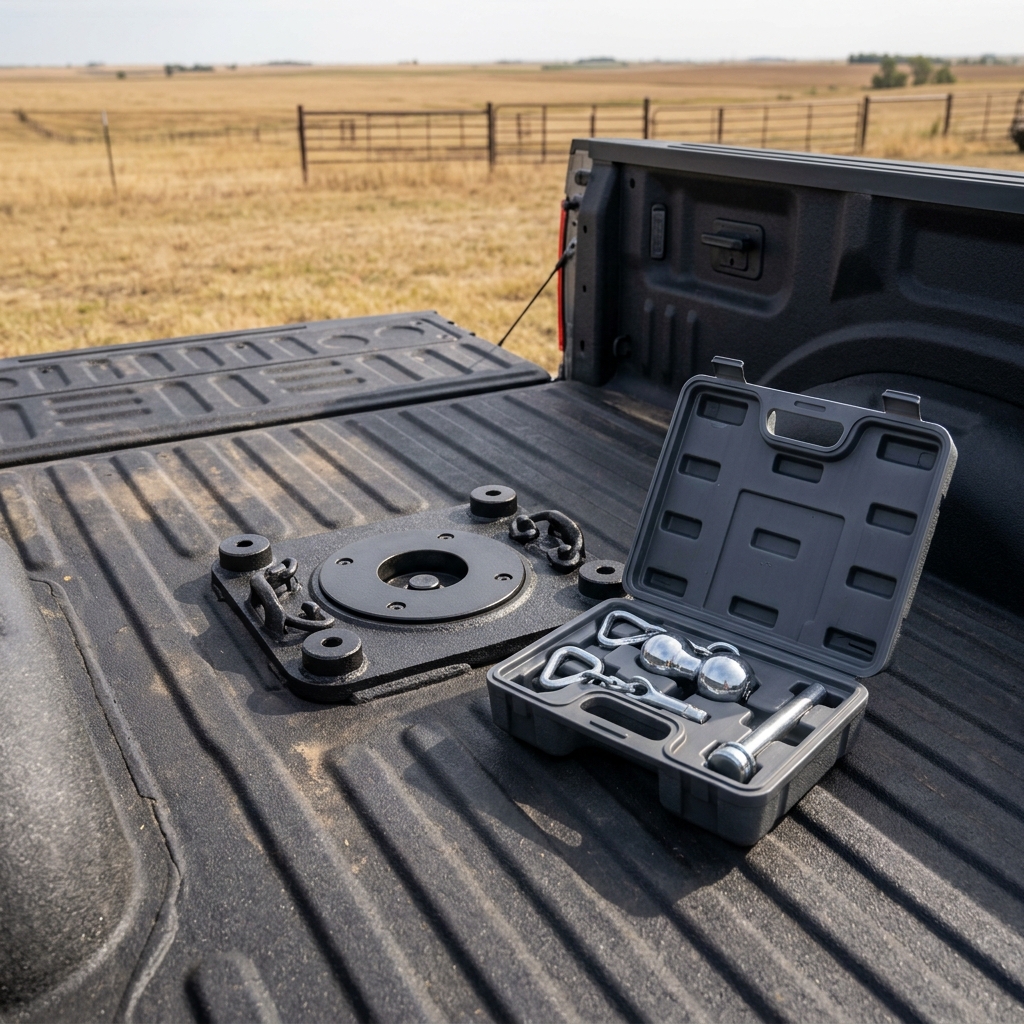 Gooseneck hitch plate installed in a pickup truck bed alongside an open case with chrome hitch balls and anchors. (Representative image for illustration purposes only. Actual vehicle may vary based on trim and configuration.)