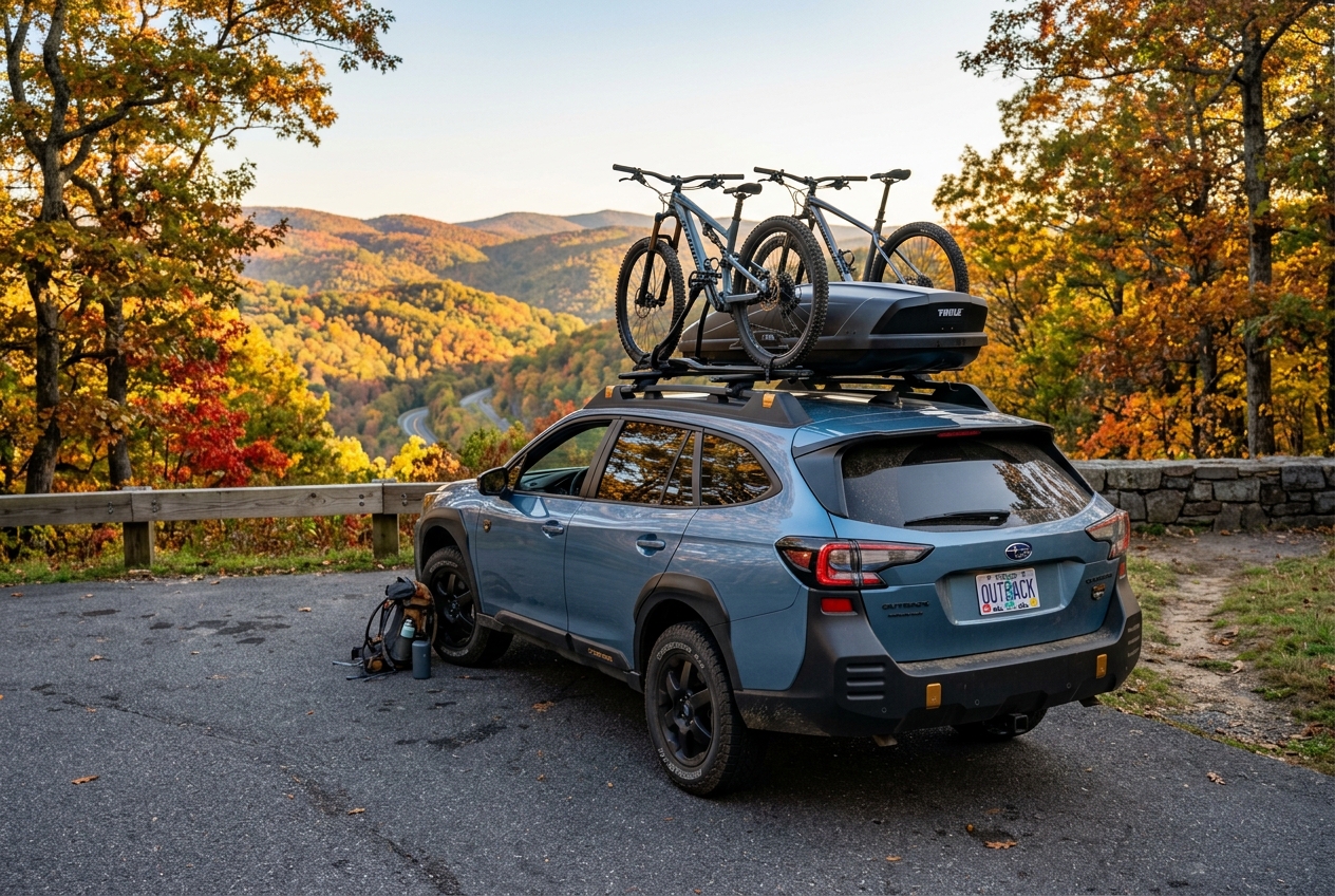 Blue Subaru Outback parked at a scenic mountain overlook with mountain bikes on the roof during autumn. (Representative image for illustration purposes only. Actual vehicle may vary based on trim and configuration.)