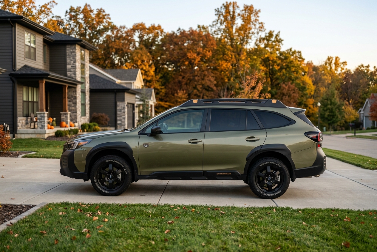 Profile view of an olive green Subaru Outback Wilderness parked in a suburban driveway during autumn. (Representative image for illustration purposes only. Actual vehicle may vary based on trim and configuration.)