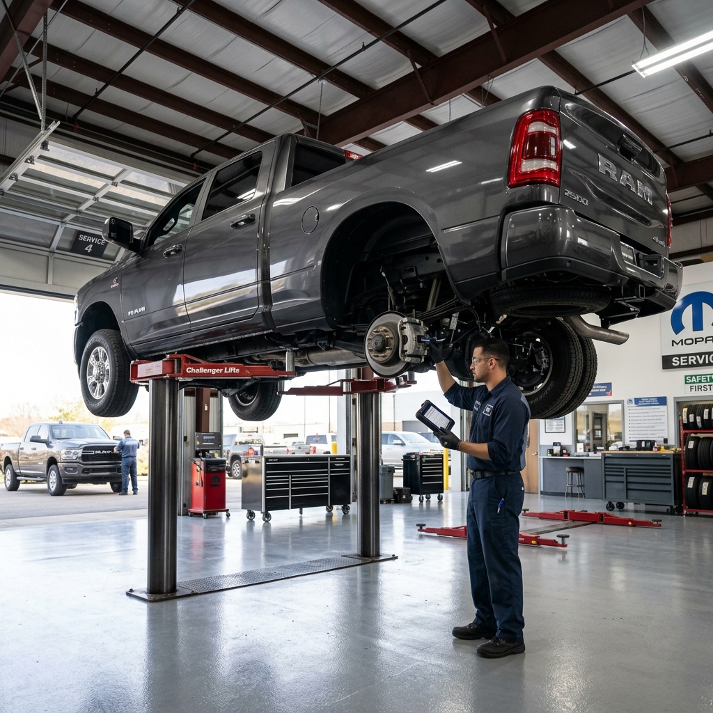 A mechanic in blue workwear uses a tablet to inspect the brake system of a dark grey pickup truck raised on a lift. (Representative image for illustration purposes only. Actual vehicle may vary based on trim and configuration.)