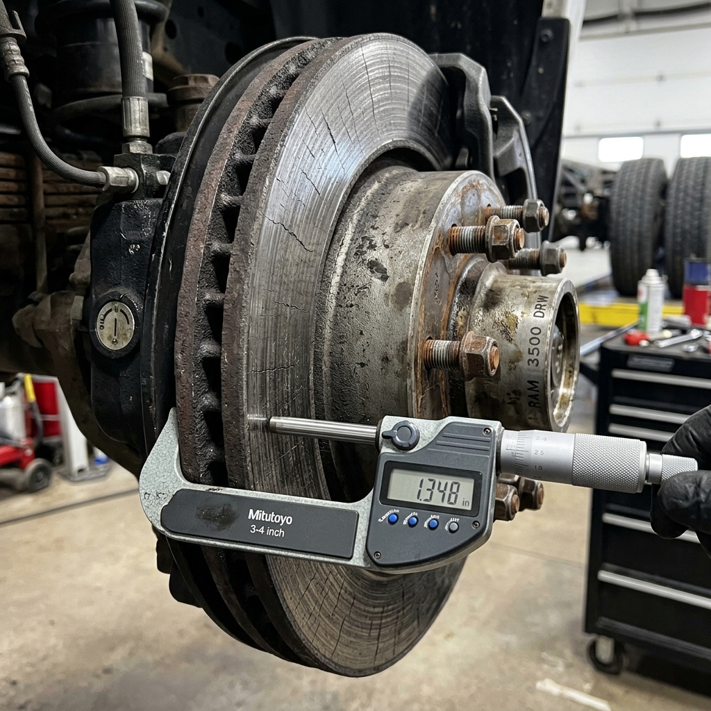 A digital micrometer measuring the thickness of a heavily cracked RAM 3500 brake rotor in a shop. (Representative image for illustration purposes only. Actual vehicle may vary based on trim and configuration.)