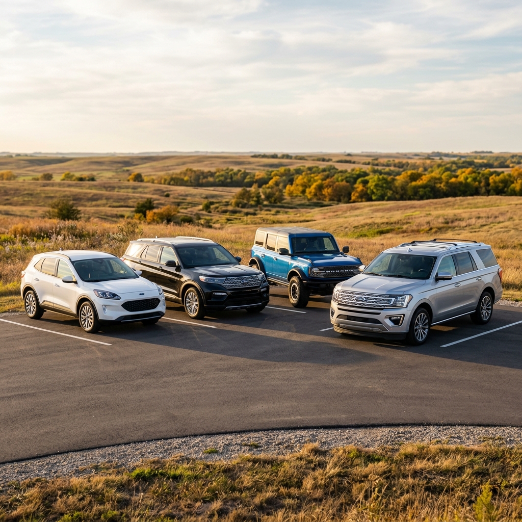 Four Ford SUVs—white, black, blue, and silver—parked side-by-side in front of rolling countryside hills. (Representative image for illustration purposes only. Actual vehicle may vary based on trim and configuration.)