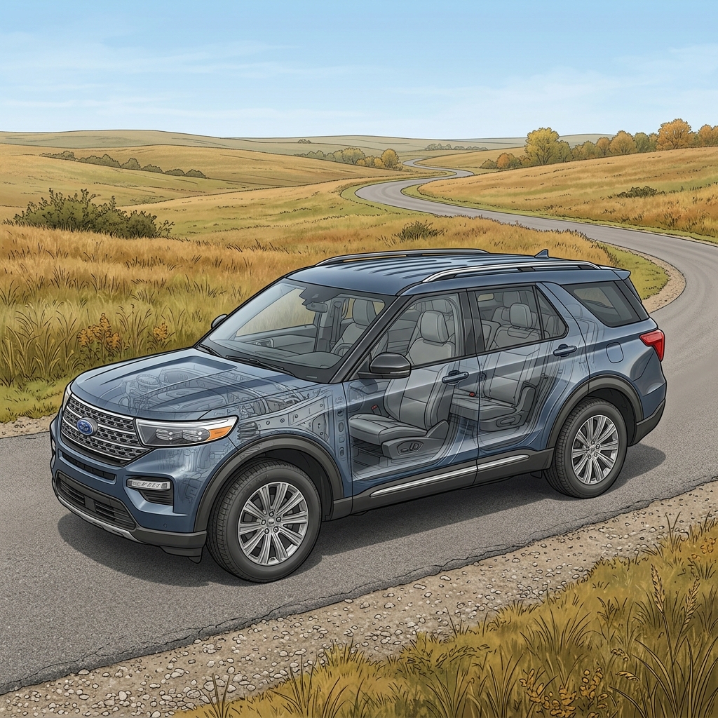 Technical illustration of a blue SUV with a transparent cutaway showing its engine and interior on a winding road. (Representative image for illustration purposes only. Actual vehicle may vary based on trim and configuration.)