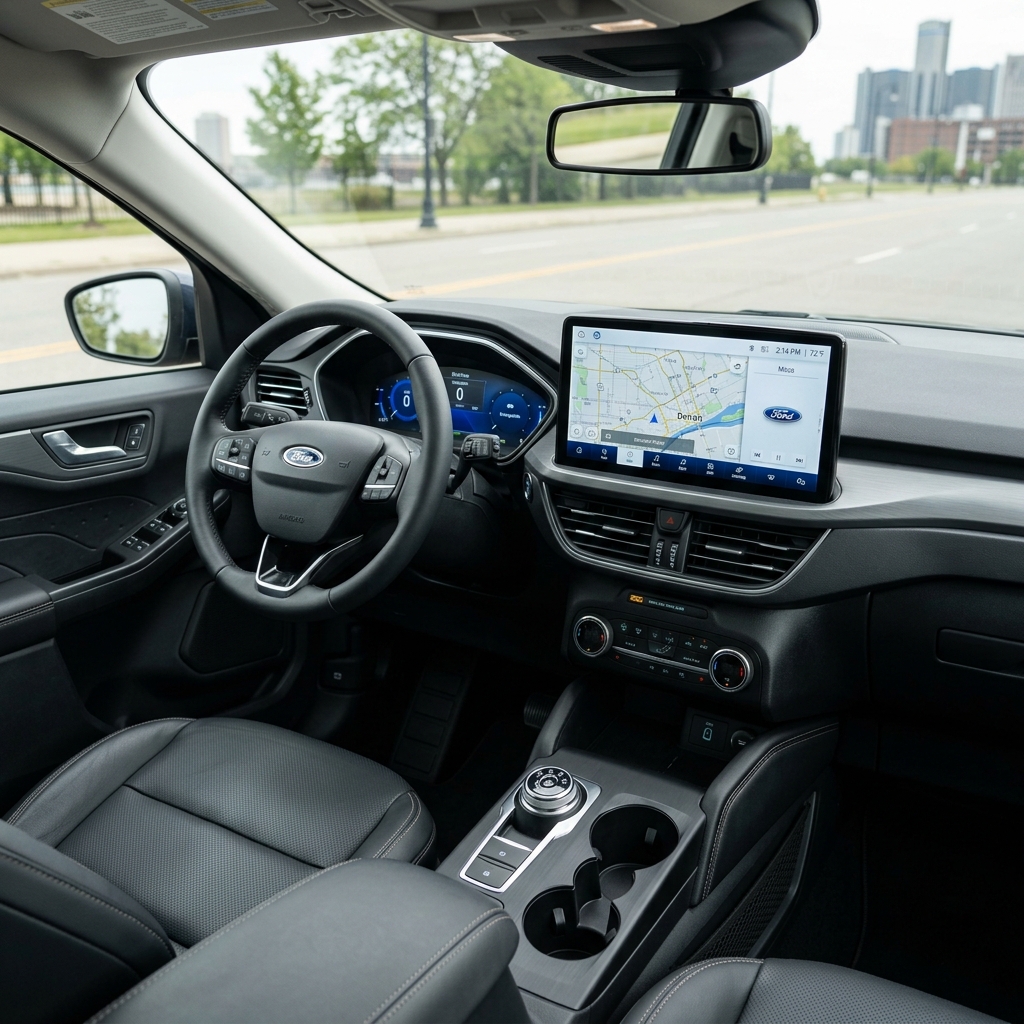 Interior of a modern Ford car featuring black leather seats, a digital dashboard, and a large touchscreen display. (Representative image for illustration purposes only. Actual vehicle may vary based on trim and configuration.)