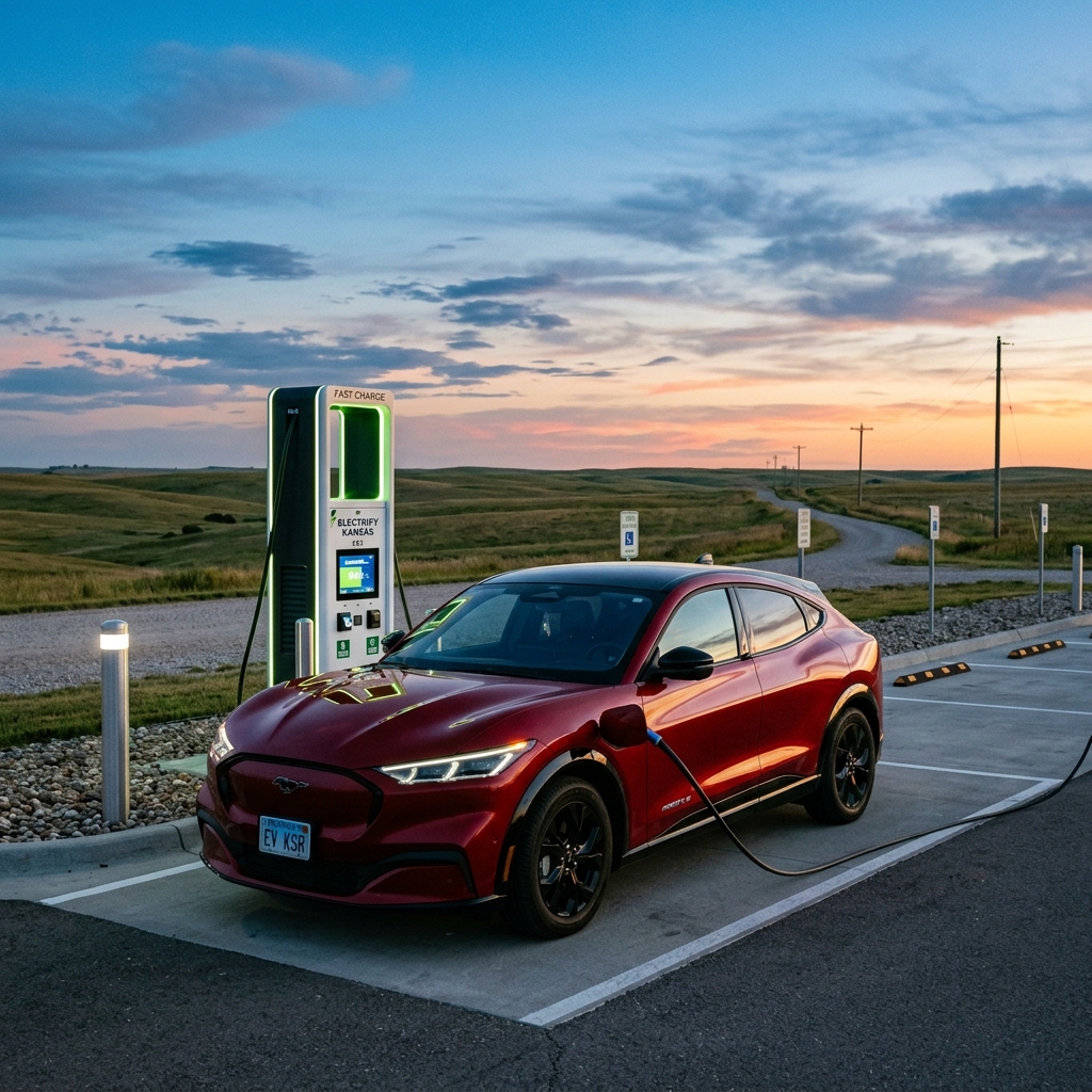 A red Ford Mustang Mach-E parked and charging at an Electrify Kansas fast charger in a rural landscape at sunset. (Representative image for illustration purposes only. Actual vehicle may vary based on trim and configuration.)