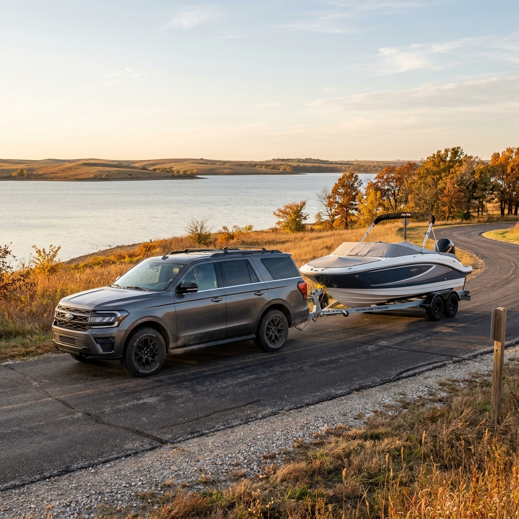 Dark grey Ford Expedition towing a blue and white boat on a trailer along a scenic lake road in autumn. (Representative image for illustration purposes only. Actual vehicle may vary based on trim and configuration.)