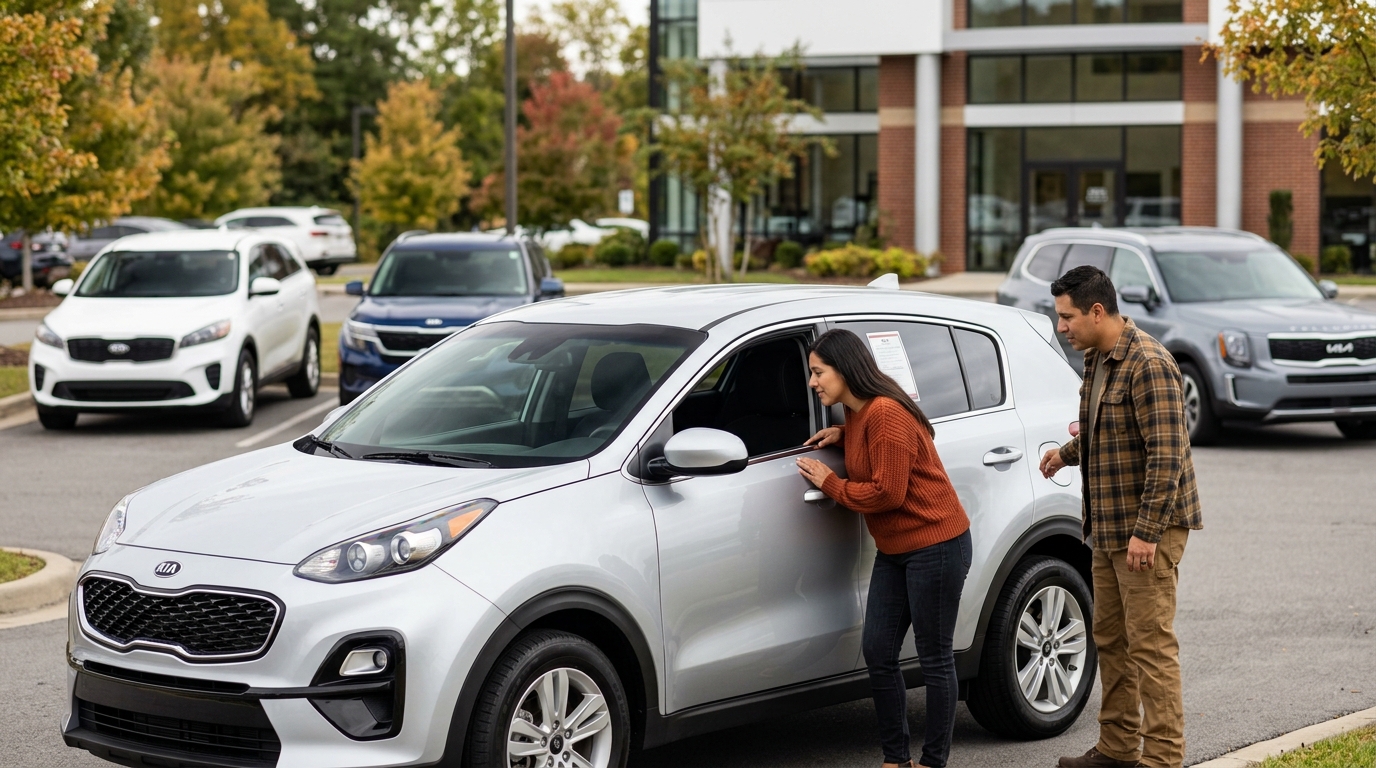 A couple shopping for a car looking through the window of a silver Kia SUV at a dealership. (Representative image for illustration purposes only. Actual vehicle may vary based on trim and configuration.)