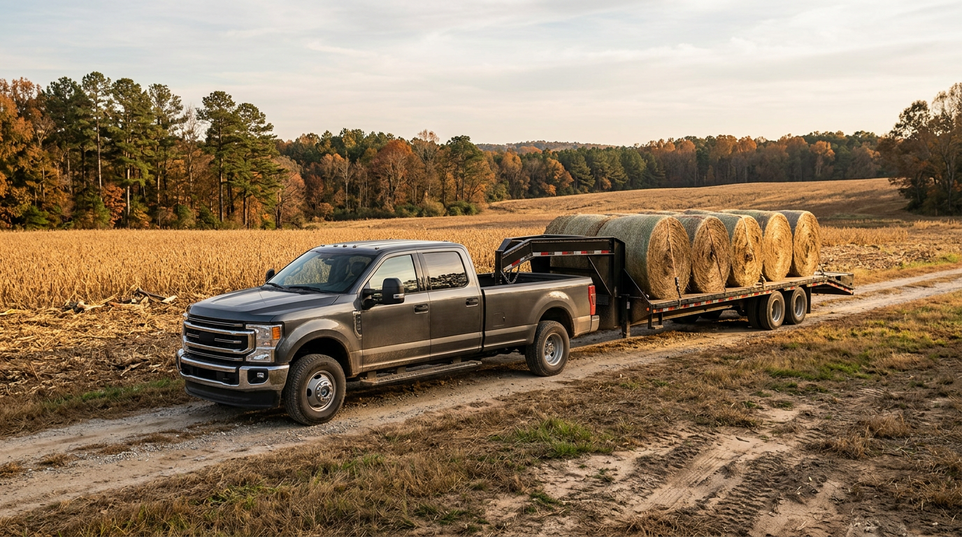 Dark grey Ford Super Duty truck towing a gooseneck trailer loaded with hay bales along a rural dirt road. (Representative image for illustration purposes only. Actual vehicle may vary based on trim and configuration.)
