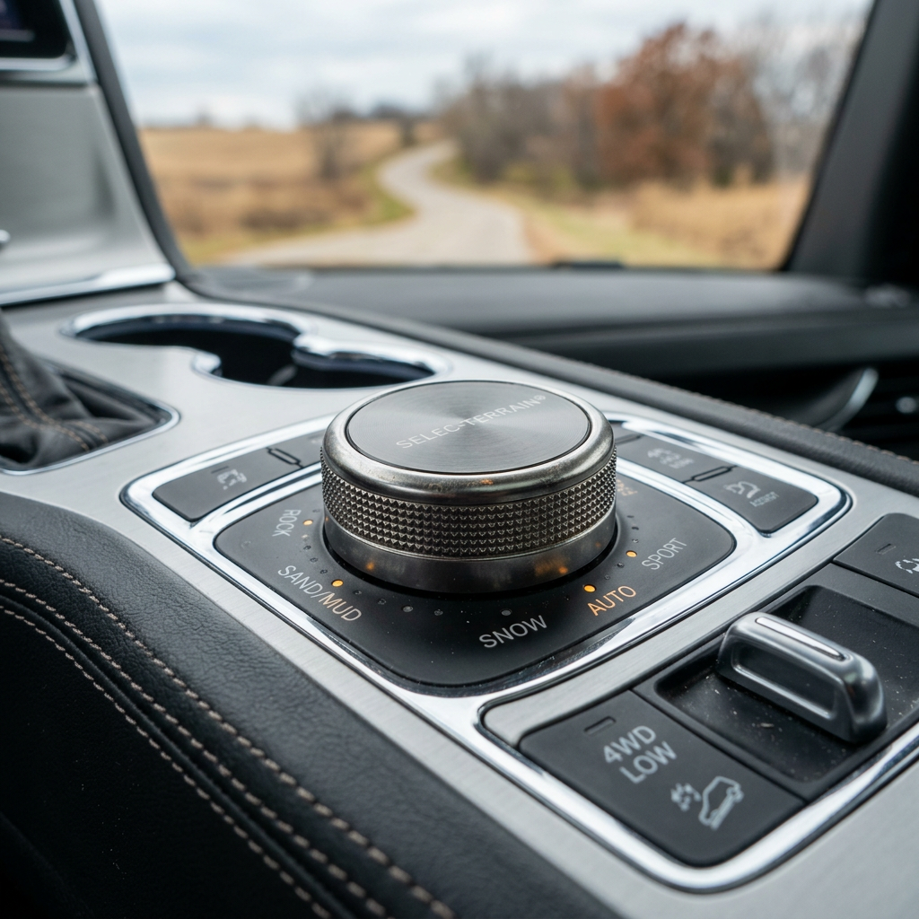 Close-up of a car's Selec-Terrain drive mode selector dial set to Auto, with a country road visible through the windshield. (Representative image for illustration purposes only. Actual vehicle may vary based on trim and configuration.)