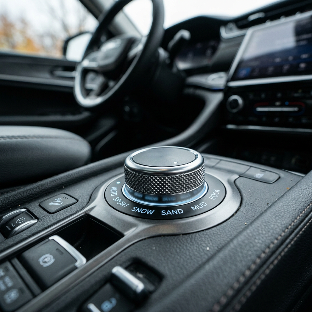 Close-up of a metallic rotary drive mode selector knob in a modern car console showing Sport, Snow, Sand, Mud, and Rock modes. (Representative image for illustration purposes only. Actual vehicle may vary based on trim and configuration.)