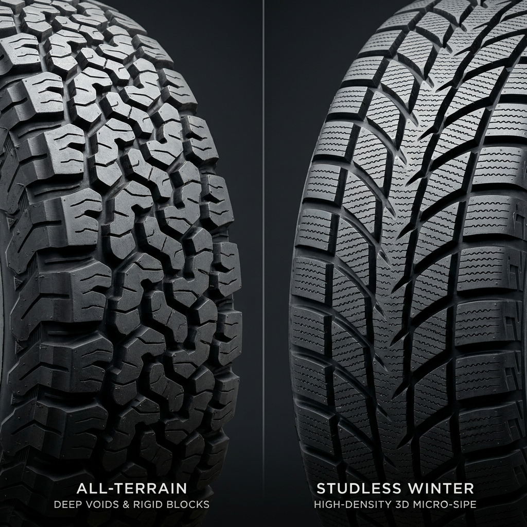 Side-by-side comparison showing all-terrain tire treads with deep voids alongside studless winter tire treads with sipes. (Representative image for illustration purposes only. Actual vehicle may vary based on trim and configuration.)