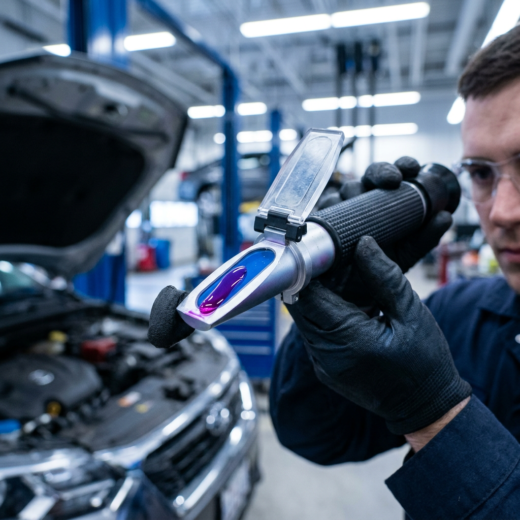 Automotive technician holding a refractometer to test fluid quality in a car repair shop. (Representative image for illustration purposes only. Actual vehicle may vary based on trim and configuration.)