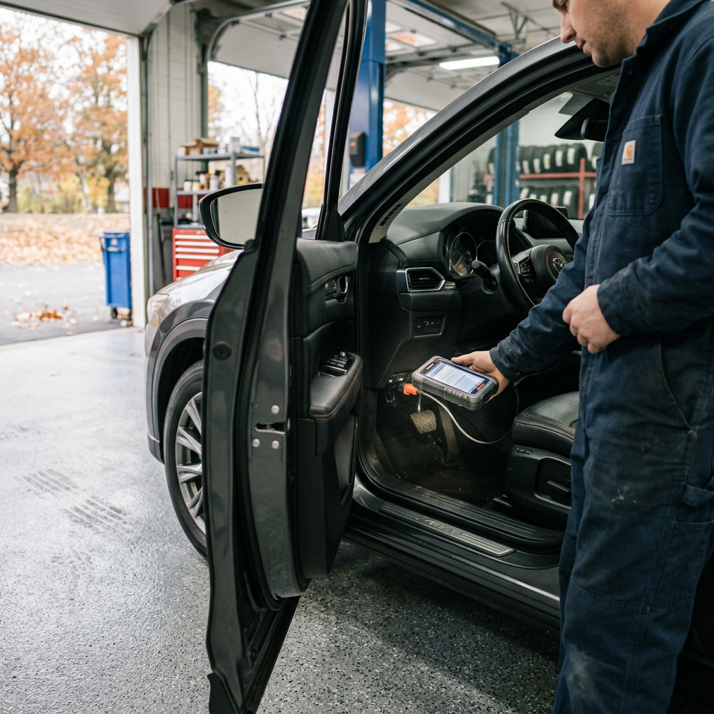 Mechanic connecting a handheld OBD-II diagnostic tool to a car's dashboard inside an auto repair shop. (Representative image for illustration purposes only. Actual vehicle may vary based on trim and configuration.)
