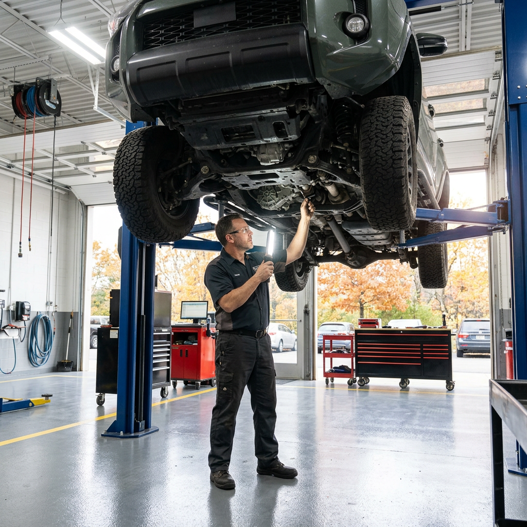 Mechanic holding a work light while inspecting the undercarriage of a green SUV raised on a hydraulic lift. (Representative image for illustration purposes only. Actual vehicle may vary based on trim and configuration.)
