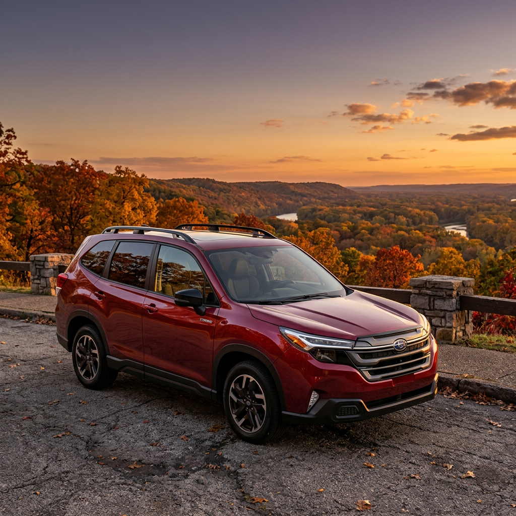 Red Subaru Forester parked on a scenic overlook during a vibrant autumn sunset over a river valley. (Representative image for illustration purposes only. Actual vehicle may vary based on trim and configuration.)
