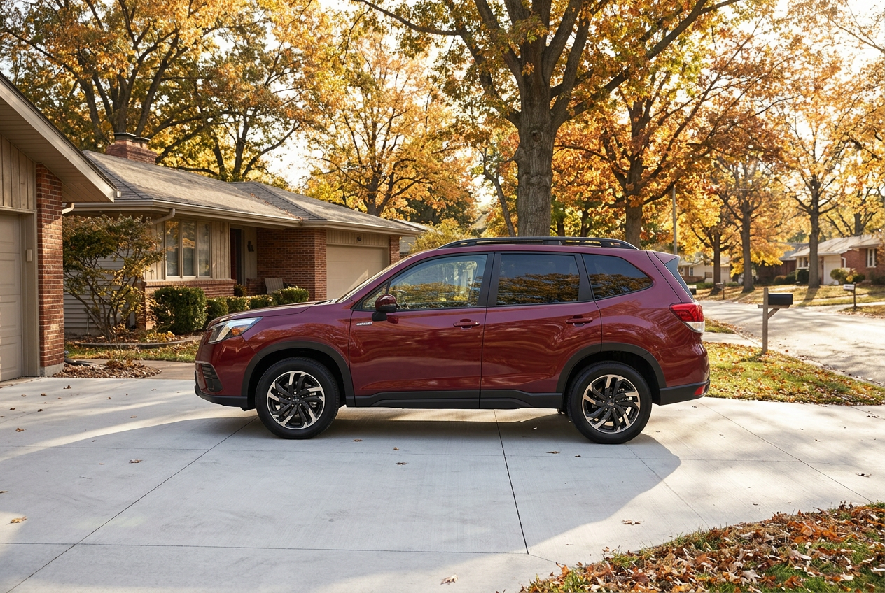 Side view of a red Subaru Forester parked on a concrete driveway in front of a house during autumn. (Representative image for illustration purposes only. Actual vehicle may vary based on trim and configuration.)