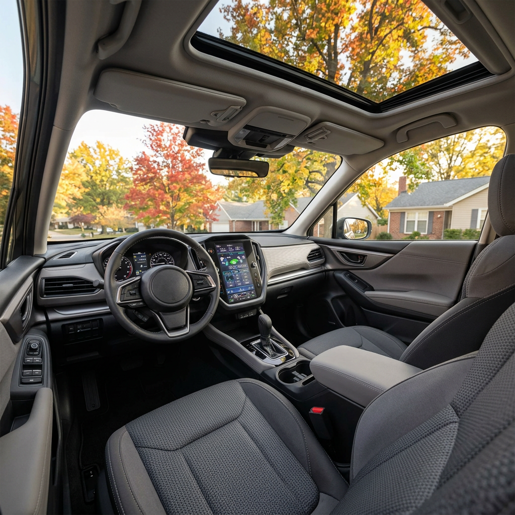Driver-side view of a modern car interior with gray seats, touchscreen console, and open sunroof showing autumn foliage. (Representative image for illustration purposes only. Actual vehicle may vary based on trim and configuration.)