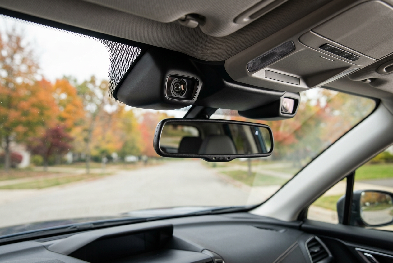 View from inside a car showing dual windshield-mounted safety cameras near the rearview mirror with fall trees outside. (Representative image for illustration purposes only. Actual vehicle may vary based on trim and configuration.)