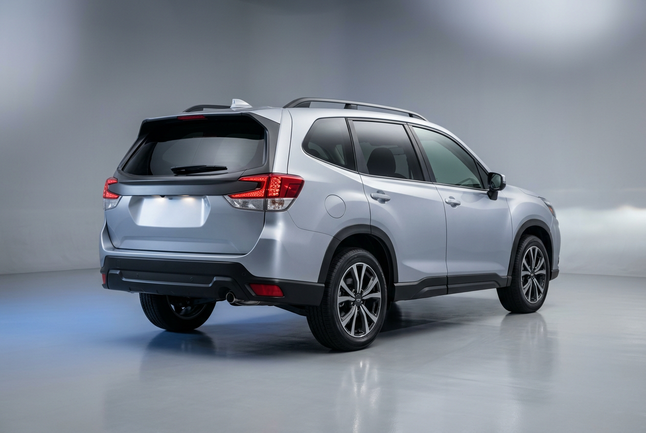 Rear three-quarter view of a silver crossover SUV parked in a studio setting. (Representative image for illustration purposes only. Actual vehicle may vary based on trim and configuration.)