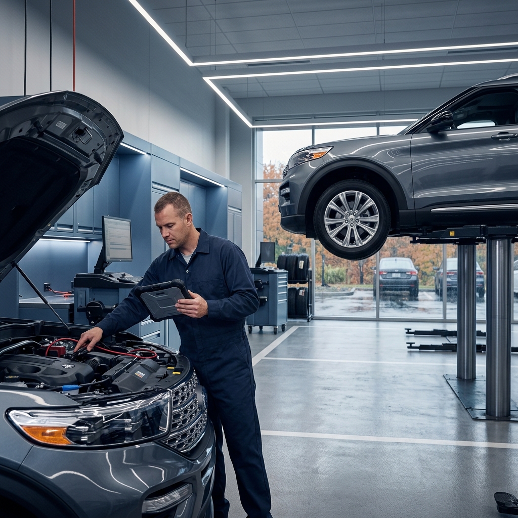 A mechanic holding a diagnostic tablet works under the open hood of an SUV inside a modern automotive service bay. (Representative image for illustration purposes only. Actual vehicle may vary based on trim and configuration.)