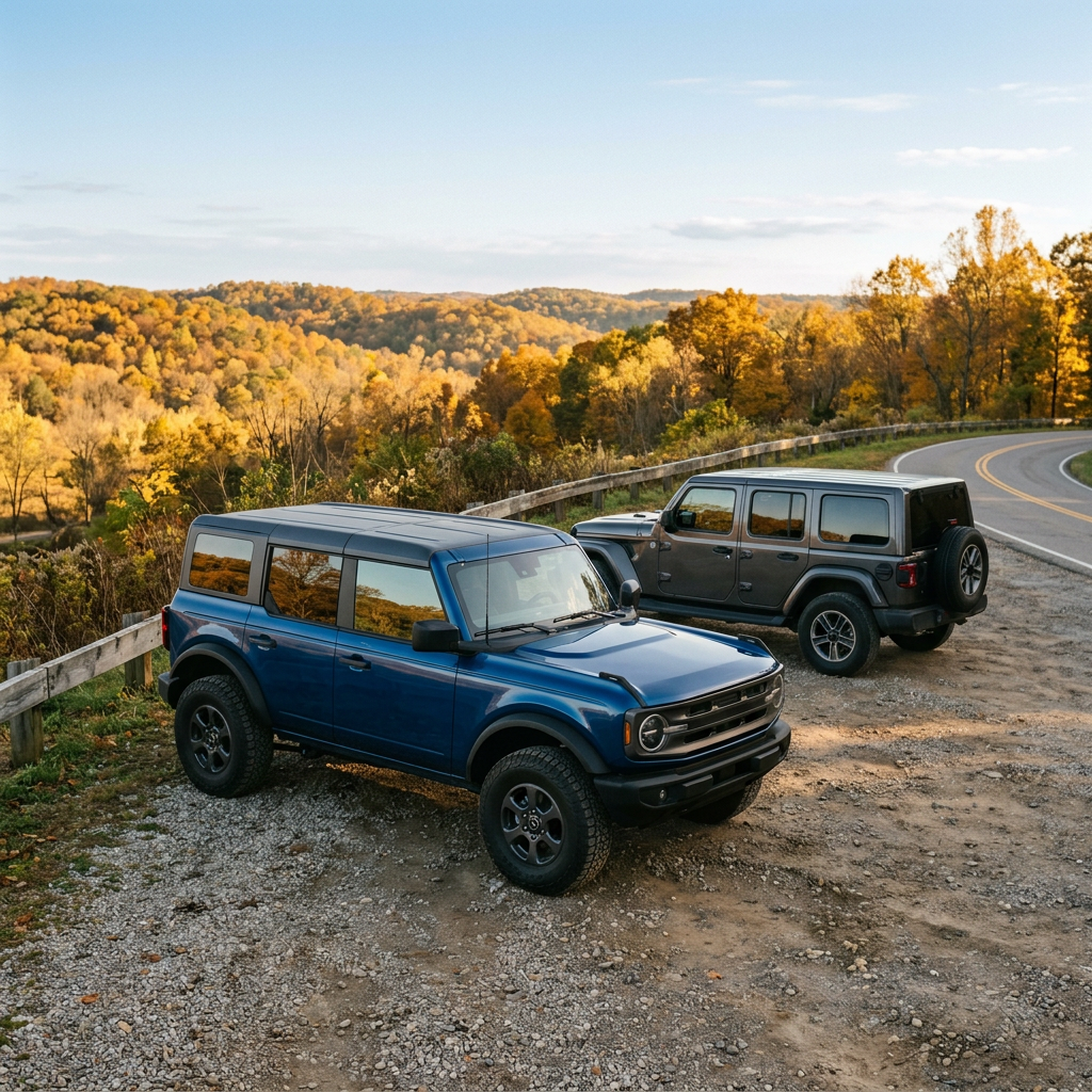 Blue Ford Bronco and dark grey Jeep Wrangler parked at a gravel scenic overlook during autumn. (Representative image for illustration purposes only. Actual vehicle may vary based on trim and configuration.)