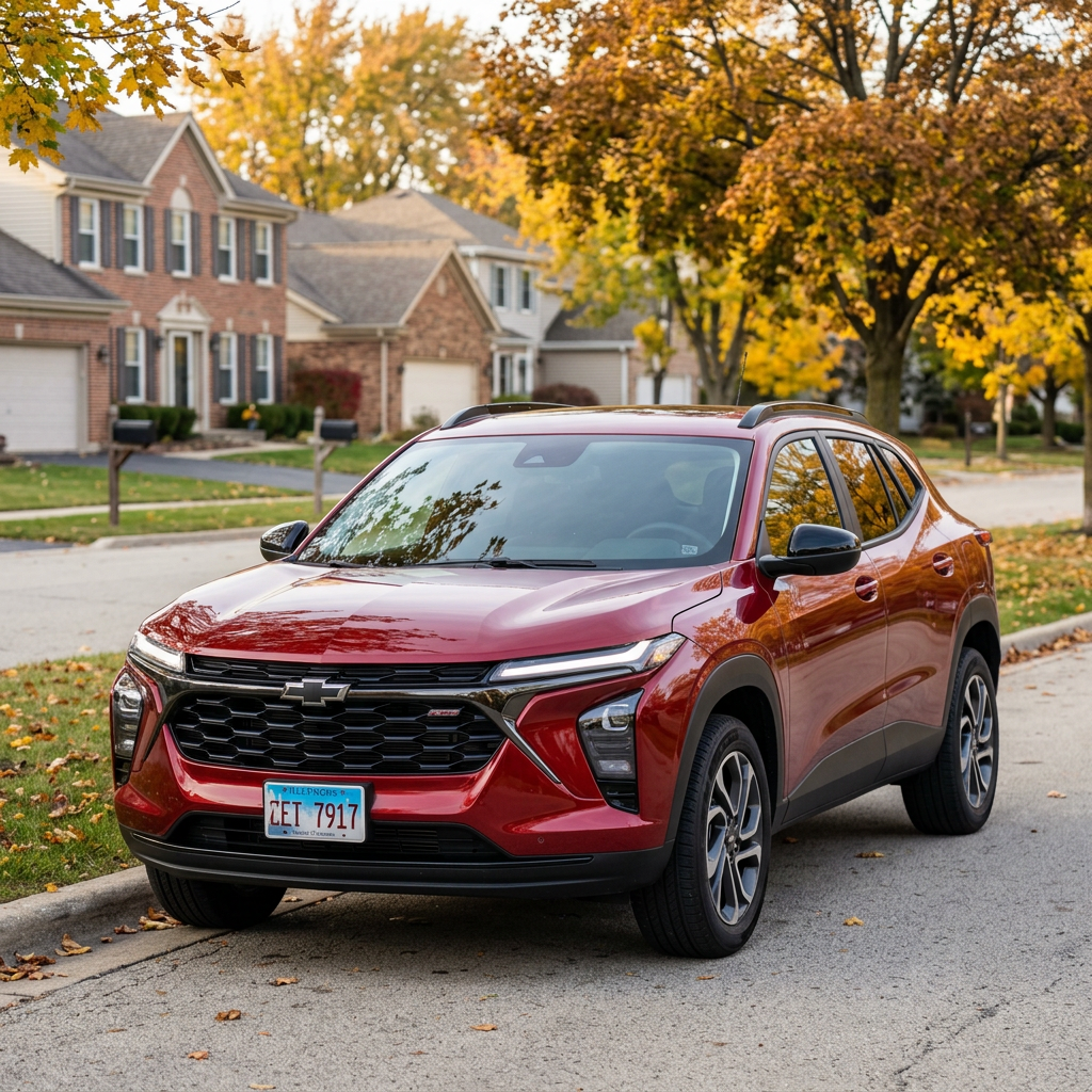 Red Chevrolet SUV parked along a suburban curb during autumn. (Representative image for illustration purposes only. Actual vehicle may vary based on trim and configuration.)