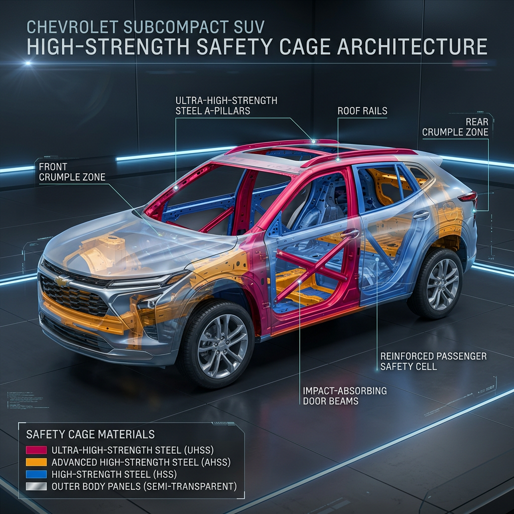 Technical 3D rendering highlighting the high-strength steel safety cage architecture of a Chevrolet subcompact SUV. (Representative image for illustration purposes only. Actual vehicle may vary based on trim and configuration.)