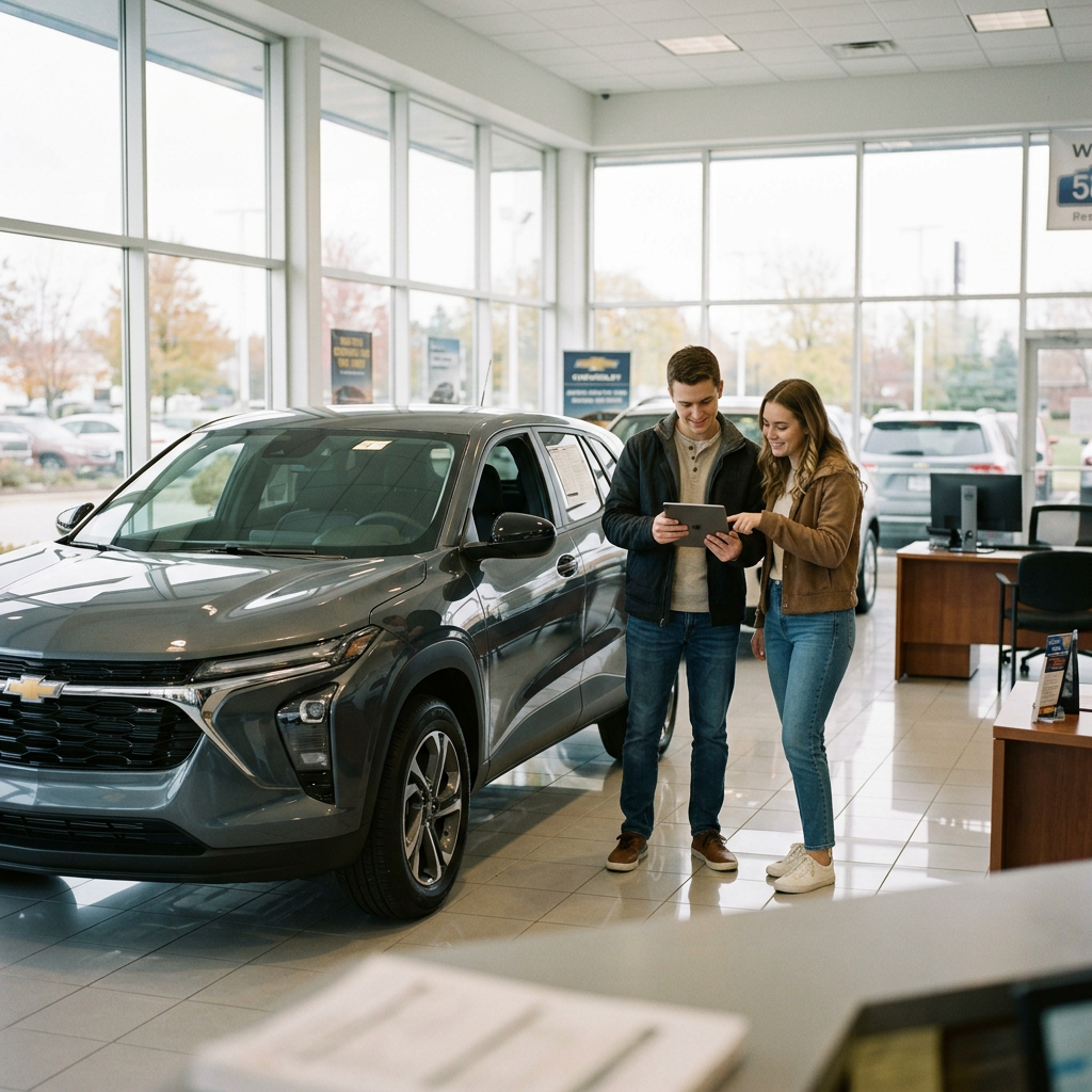 A young man and woman look at a tablet together beside a dark gray SUV inside a Chevrolet car dealership showroom. (Representative image for illustration purposes only. Actual vehicle may vary based on trim and configuration.)