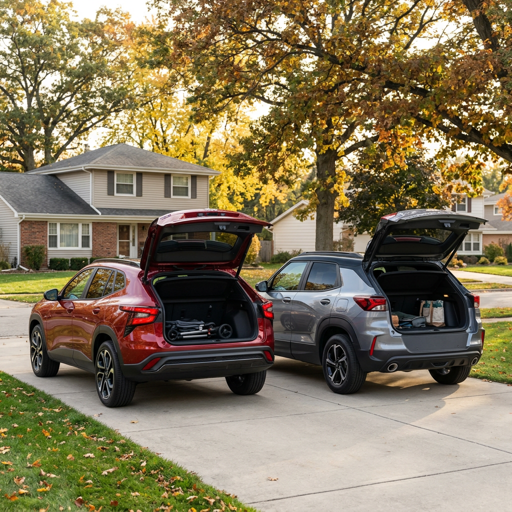 Two crossover SUVs, one red and one silver, parked in a driveway with open trunks showing cargo space. (Representative image for illustration purposes only. Actual vehicle may vary based on trim and configuration.)