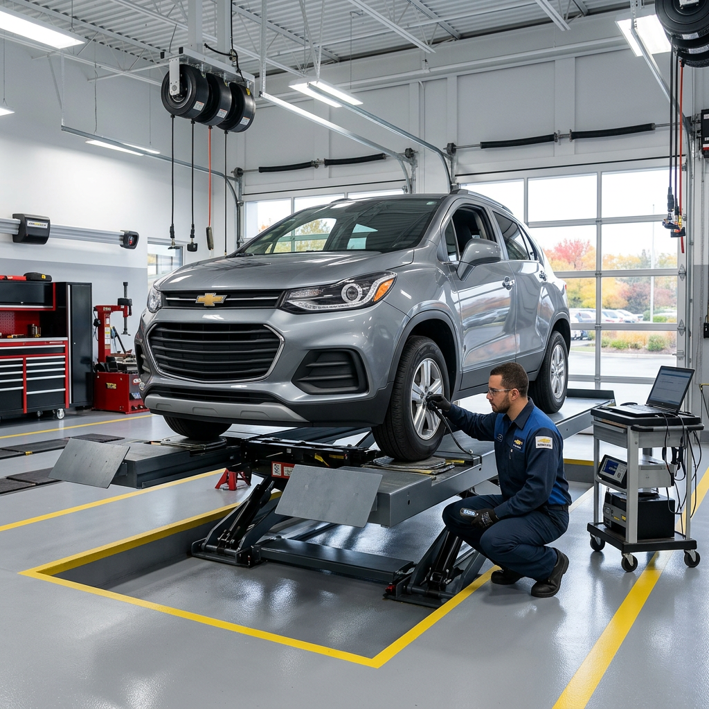 Auto technician checking the tire of a silver Chevrolet SUV on a vehicle lift in a modern service center. (Representative image for illustration purposes only. Actual vehicle may vary based on trim and configuration.)