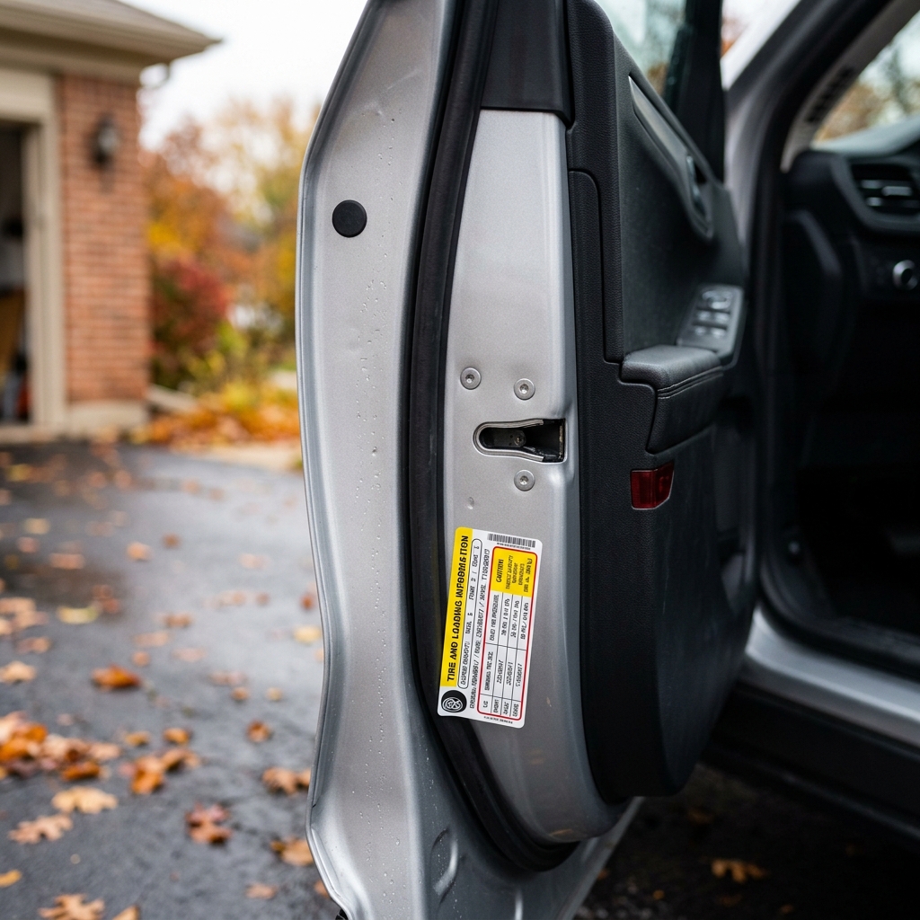 Open silver car door displaying the tire and loading information placard on the door jamb. (Representative image for illustration purposes only. Actual vehicle may vary based on trim and configuration.)