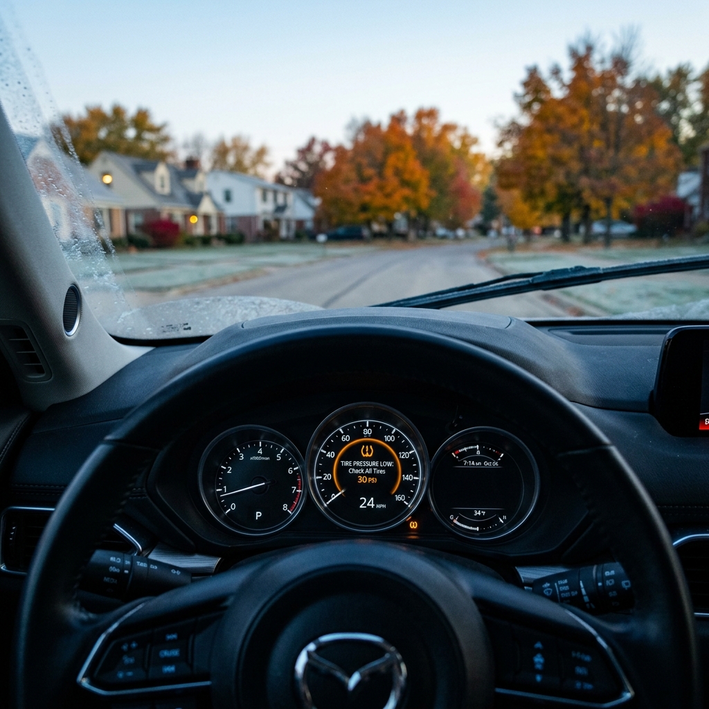 View from a car driver's seat showing a low tire pressure warning on the dashboard digital screen. (Representative image for illustration purposes only. Actual vehicle may vary based on trim and configuration.)