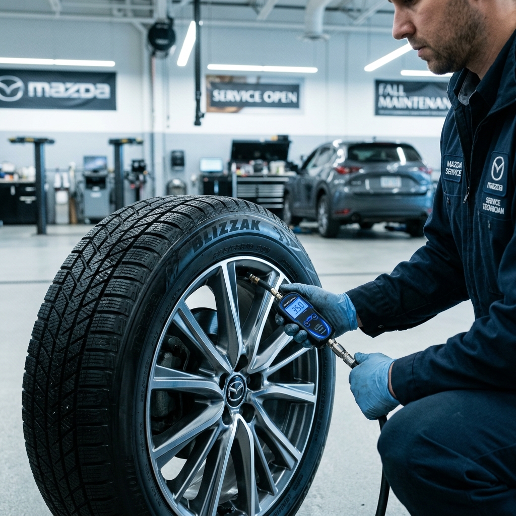 A Mazda service technician using a digital gauge to check tire pressure on a Blizzak winter tire in a service bay. (Representative image for illustration purposes only. Actual vehicle may vary based on trim and configuration.)