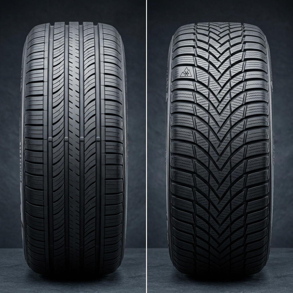 Side-by-side comparison of a standard summer car tire tread pattern and a V-shaped winter tire tread pattern. (Representative image for illustration purposes only. Actual vehicle may vary based on trim and configuration.)