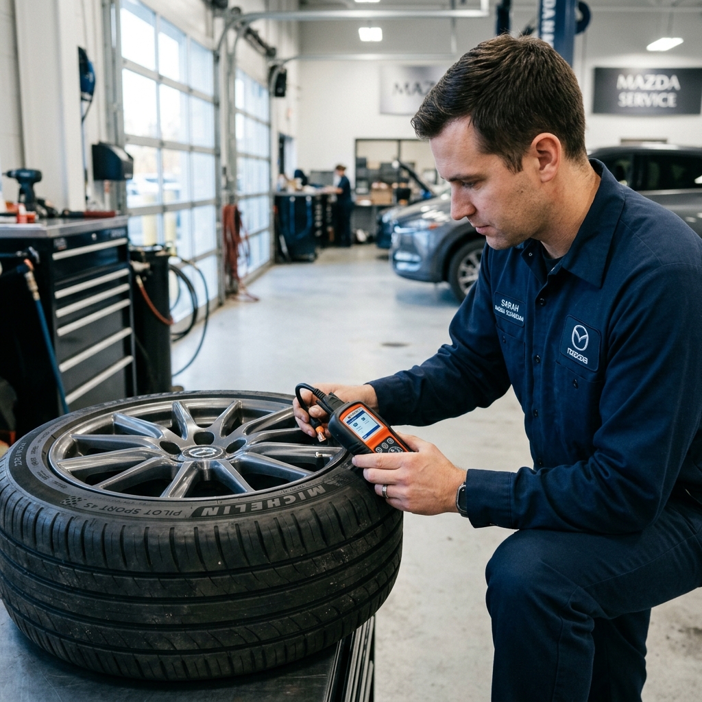A Mazda service technician uses a digital diagnostic tool to check the air pressure on a Michelin tire. (Representative image for illustration purposes only. Actual vehicle may vary based on trim and configuration.)