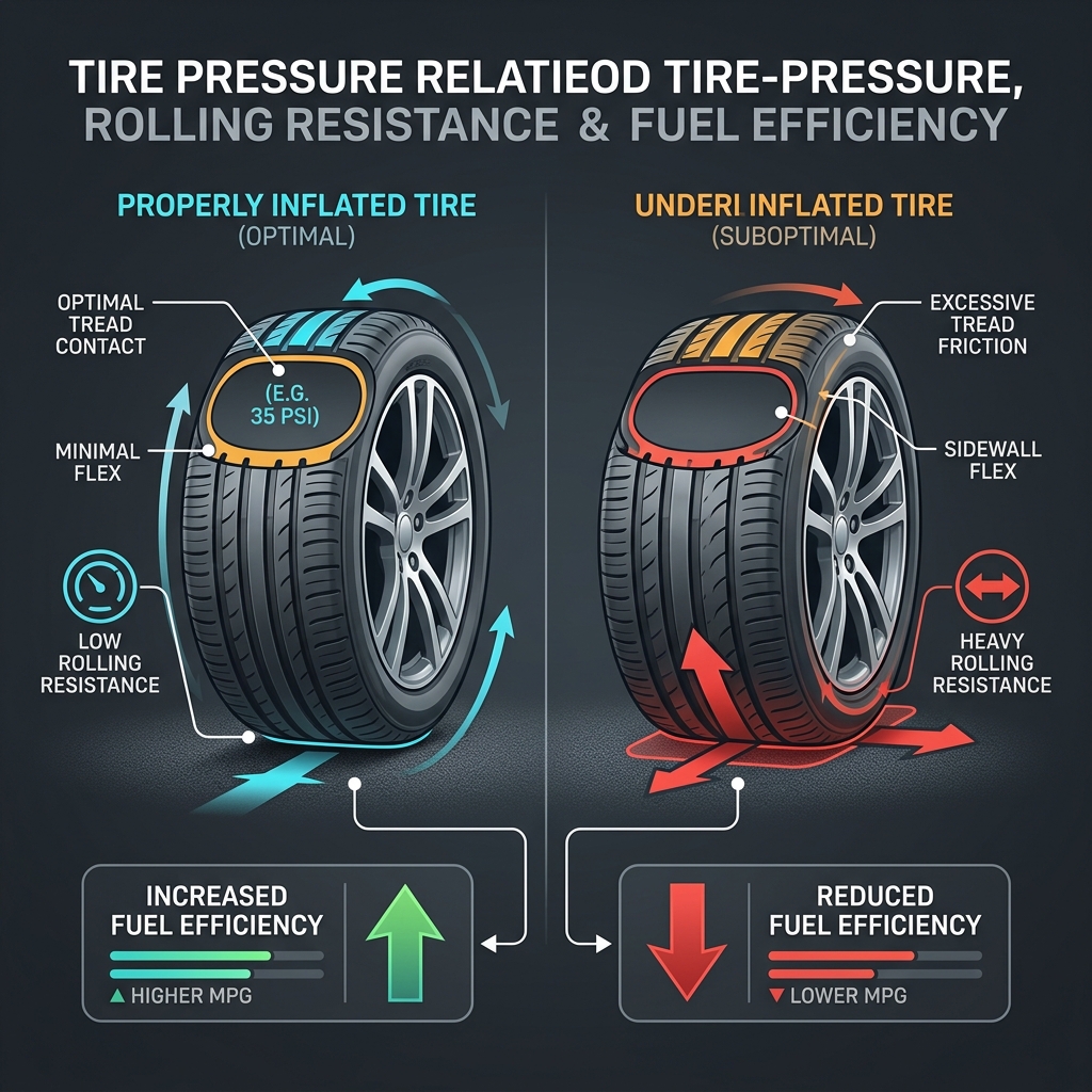 Diagram comparing properly inflated and underinflated tires showing impact on rolling resistance and fuel efficiency. (Representative image for illustration purposes only. Actual vehicle may vary based on trim and configuration.)